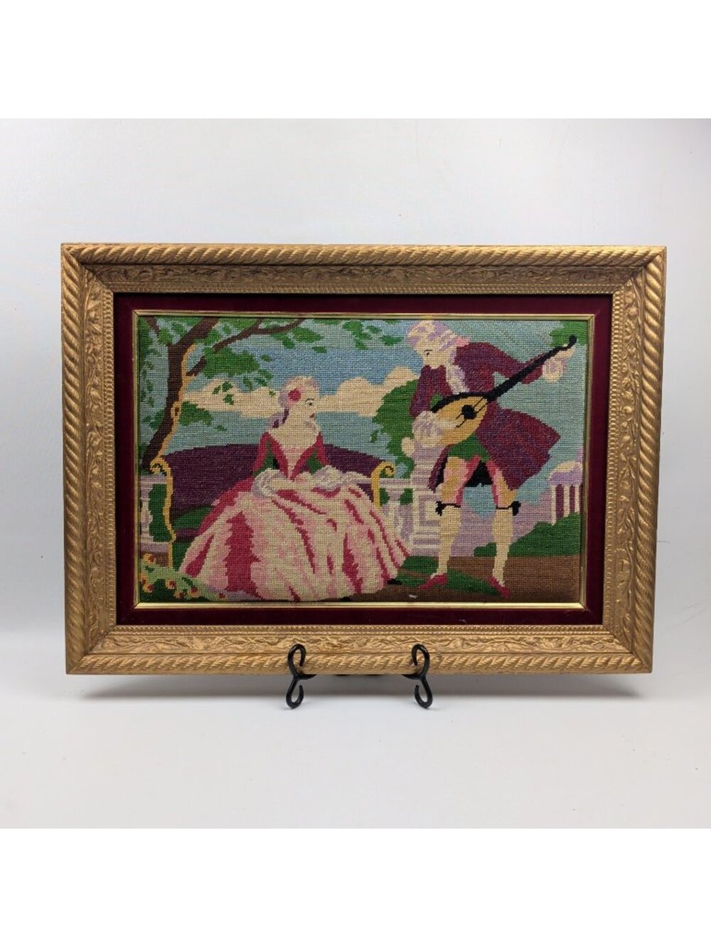 Vintage Needlepoint Tapestry Romantic French Renaissance Musician Gold Frame